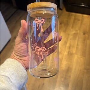Glass cup with Bamboo Lid, glass straw, and Pink Bow Accents